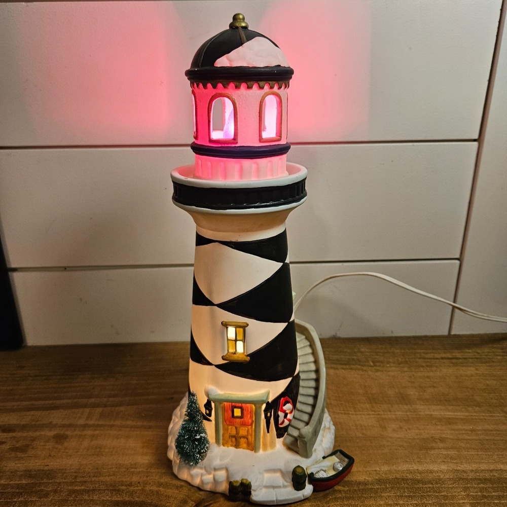 Vintage‎ Lighted Christmas Lighthouse Black White Ceramic Coastal Nautical Decor